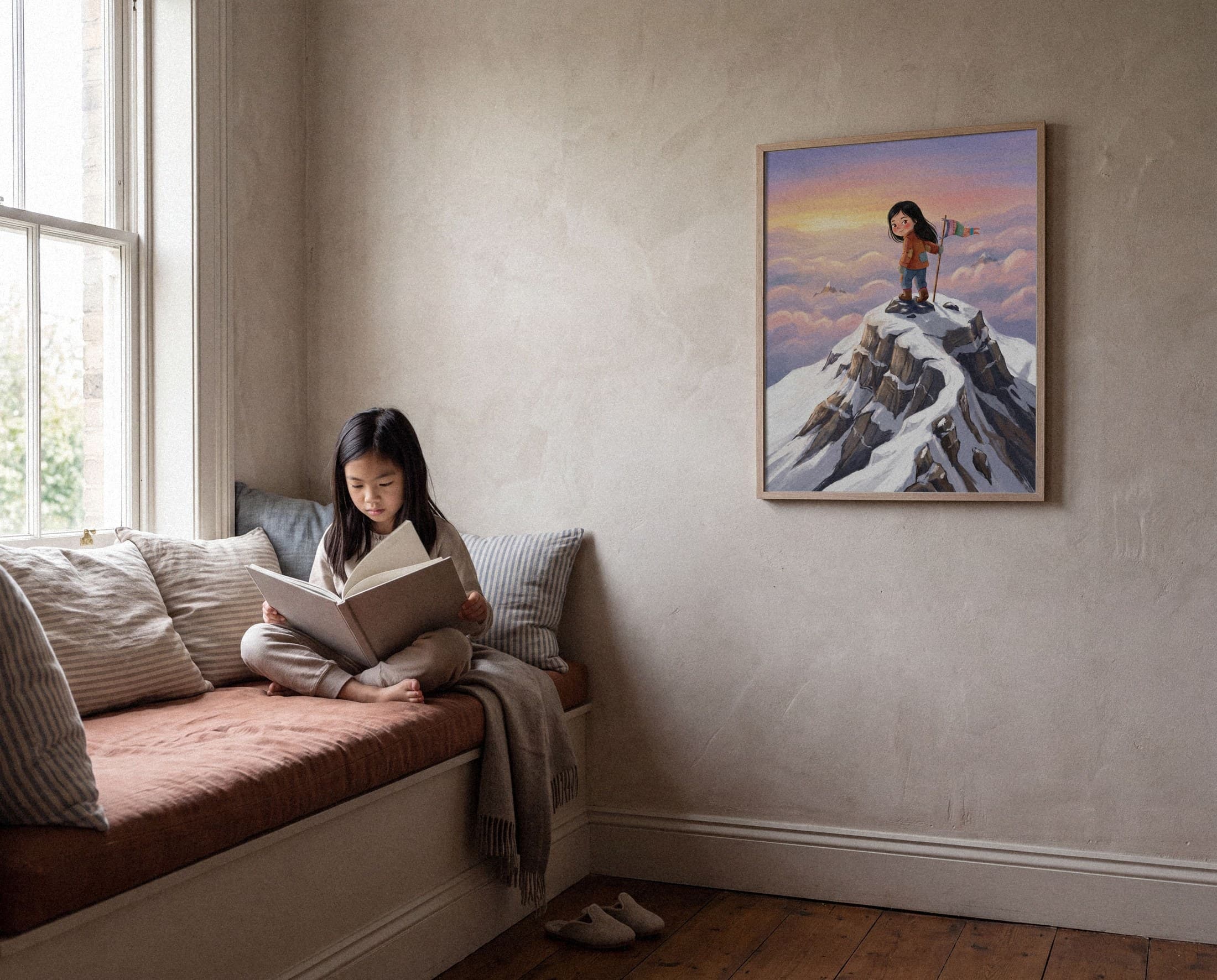 A child reading below the framed Cloudline print