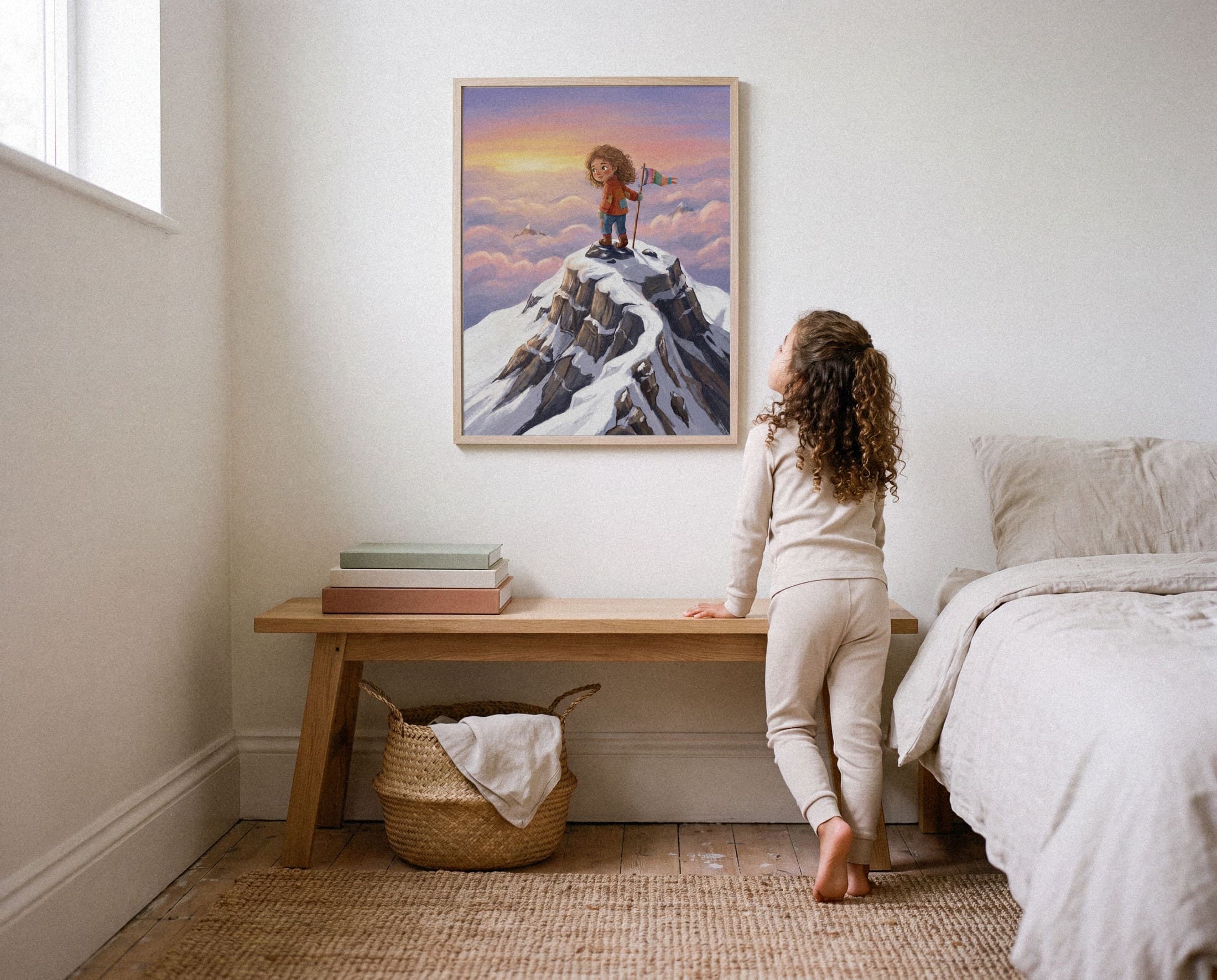 A child looking up at her framed story art hanging on her bedroom wall