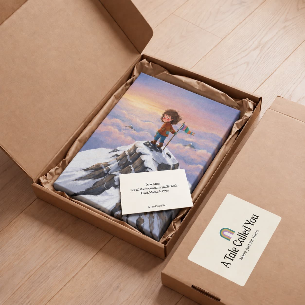 The canvas lying in its opened shipping box on kraft paper