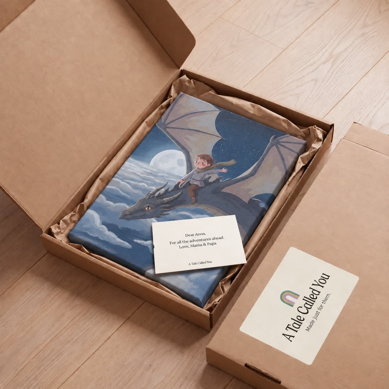 The canvas lying in its opened shipping box on kraft paper