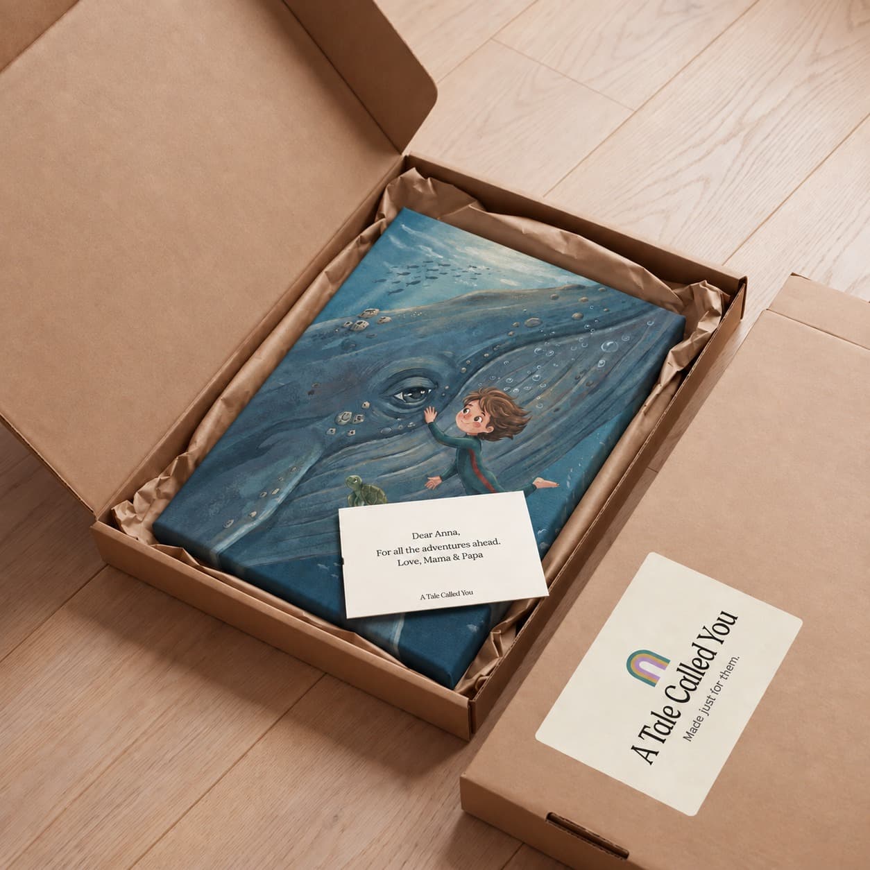 The canvas lying in its opened shipping box on kraft paper
