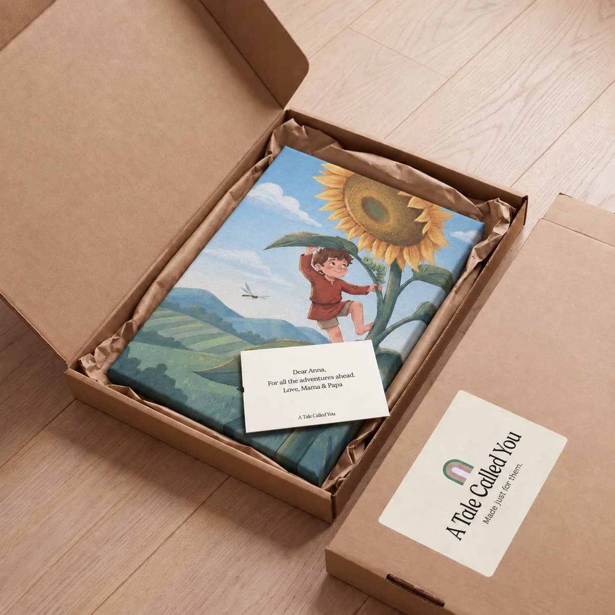The canvas lying in its opened shipping box on kraft paper