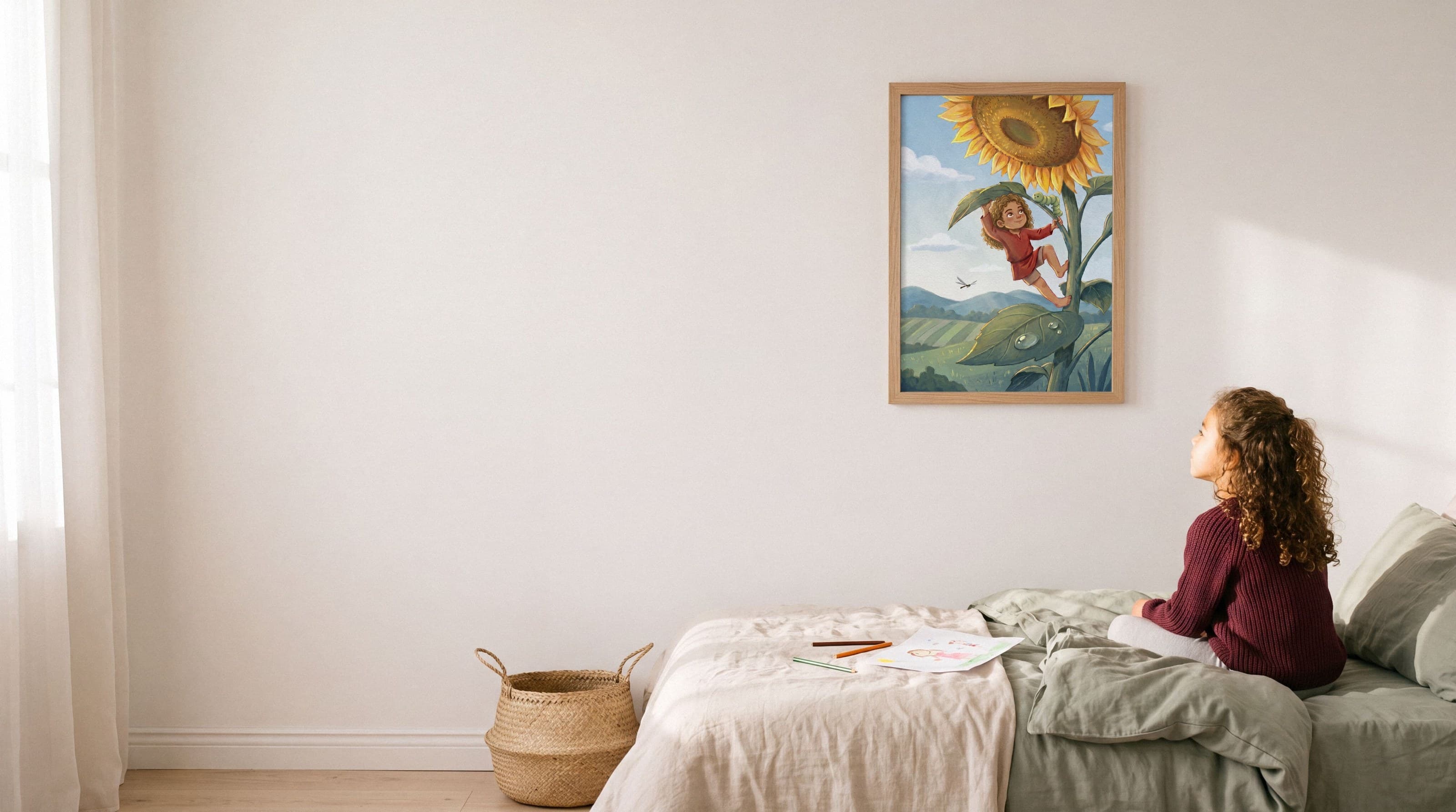 A framed print of a child climbing a giant sunflower, hanging above a bed where a girl sits looking up at it